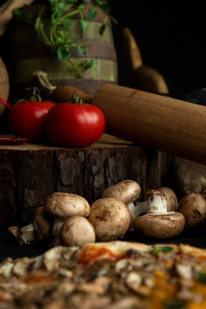 Champignon mushrooms with other ingrediants and vegetables in the rustic kitchenの写真素材