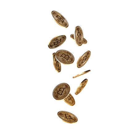 Bitcoins falling on white background. Cryptocurrency and banking concept