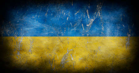 Flag of Ukraine. Stop war. Restricted are, war zone. Grunge look with cracks and scratches illustrationの写真素材