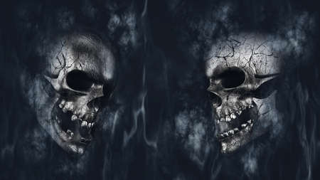 Human skulls all cracked and decayed burning with fire and smoke. Halloween, death, war, battle...
