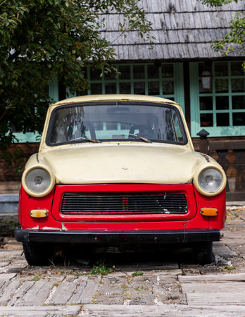 Drvengrad, Serbia - September 18, 2020: Old timer retro car exhibited in the streets of town called...
