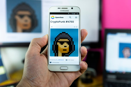 Belgrade, Serbia - Jun 23, 2022:  Crypto Punks NFT. Most expensive and desirable NFT on smartphone screen. Trading at Opensea marketplace. Non fungible token on ethereum blockchainのeditorial素材