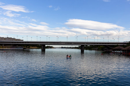 VIENNA, AUSTRIA - August 17, 2019: Boat ride on Danube river near the Imperial bridge in Vienna, Austriaのeditorial素材