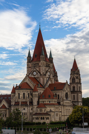 VIENNA, AUSTRIA - August 17, 2019: Saint Francis of Assisi Church also known as the Emperor's Jubilee Church and the Mexico Church, is Catholic church in Vienna, Austriaのeditorial素材