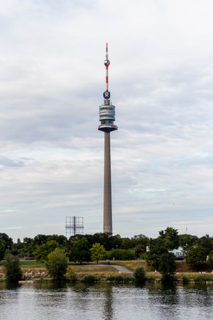 Vienna, Austria - August 17, 2019: Donauturm (Danube Tower) television antenna in Donaustadt in the north of Vienna, Austriaのeditorial素材