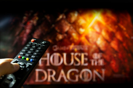 Belgrade, Serbia - July 22, 2022: House of the Dragon HBO TV series on TV with remote control in...