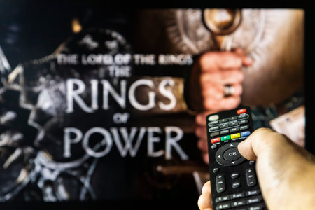 Belgrade, Serbia - September 12, 2022: The Lord of the Rings: The Rings of Power TV series on TV...