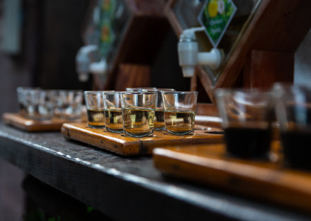 Assortment of hard strong alcoholic drinks and spirits in glasses on bar counterの写真素材