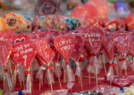 Heart shaped red lollippops with I love You text on themの写真素材