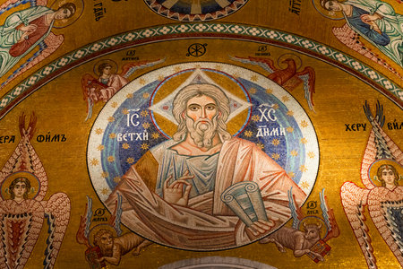 Belgrade, Serbia - December 20, 2022: Icon of Jesus Christ in a mosaic inside the Temple of Saint Sava, serbian orthodox church in Belgrade, Serbiaのeditorial素材