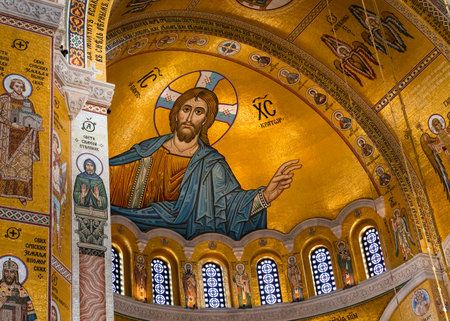 Belgrade, Serbia - December 20, 2022: Interior of the Church of Saint Sava with beautiful icon of Jesus Christ in mosaic in Belgrade, Serbiaのeditorial素材