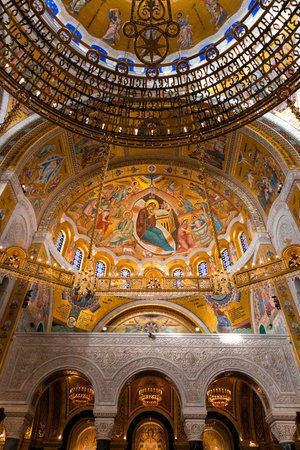 Belgrade, Serbia - December 20, 2022: Icons in mosaic depicting birth of Jesus Christ in beautiful, luxurious Orthodox temple of Saint Sava in Belgrade, Serbiaのeditorial素材