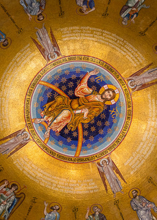 Belgrade, Serbia - December 20, 2022: Interior of the Church of Saint Sava with beautiful icons of Jesus Christ and the apostles in mosaic in Belgrade, Serbiaのeditorial素材