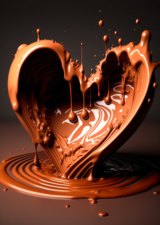 Melting brown chocolate heart. Dripping, oozing, splashing chocolate. Valentine's day concept. Ai generative imageの素材