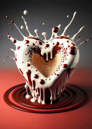 White chocolate heart melting, dripping, oozing, splashing chocolate cream from it. Valentine's day concept. Ai generative imageの素材
