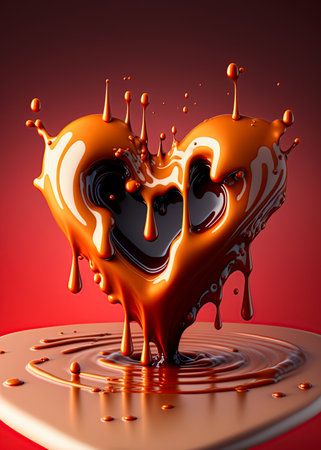 Brown chocolate heart melting. Creamy liquid dripping, oozing, splashing from it. Valentine's day concept. Ai generative imageの素材