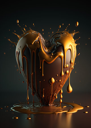 Brown chocolate heart melting. Golden creamy liquid dripping, oozing, splashing from it. Valentine's day concept. Ai generative imageの素材