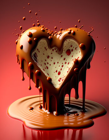 Brown chocolate heart melting. Creamy liquid dripping, oozing, splashing from it. Valentine's day concept. Ai generative imageの素材