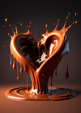 Melting brown chocolate heart. Dripping, oozing, splashing chocolate. Valentine's day concept. Ai generative imageの素材