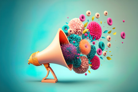 Pink megaphone with colorful spring bloosom flowers and leaves against pastel blue background. Advertisement idea. Ai generative imageの素材