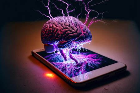 Enslaved by thechnology. Smartphone controling human brain. Mind control, Phone addiction, Brainwashed concept. Ai Generativeの素材