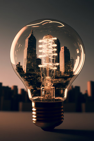 City inside a big lightbulb. Sustainable, green energy concept. Environment preservation. Generative AI illustrationの素材