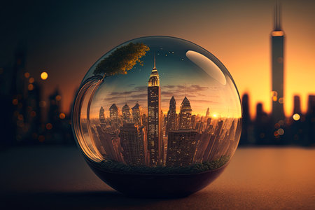 City inside a big lightbulb. Sustainable, green energy concept. Environment preservation. Generative AI illustrationの素材