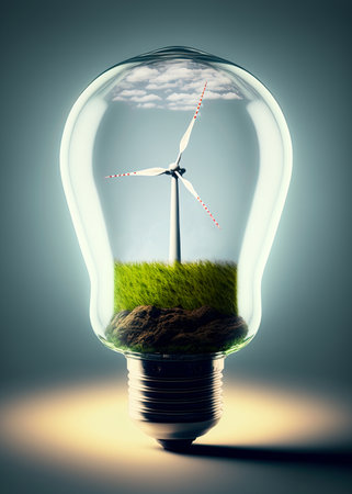 Lightbulb with a wind turbine inside. Renewable, sustainable energy. Environment conservation, eco technology. Ai generativeの素材