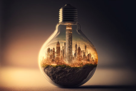 City inside a big lightbulb. Sustainable, green energy concept. Environment preservation. Generative AI illustrationの素材