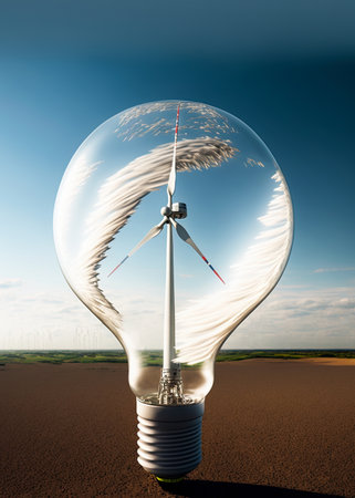Lightbulb with a wind turbine inside. Renewable, sustainable energy. Environment conservation, eco technology. Ai generativeの素材