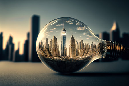 City inside a big lightbulb. Sustainable, green energy concept. Environment preservation. Generative AI illustrationの素材