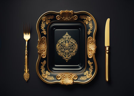 Ornate golden empty plate with fork and knife on dark background. Top view, flatlay. Copy space, add food. Ai Generative imageの素材