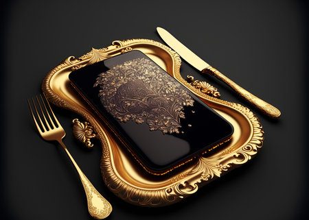 Smartphone served on a stylish golden plate. Phone addiction. Social media influence. Hunger for technology concept. Ai generativeの素材