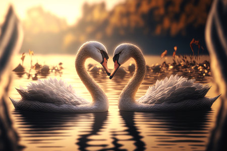 Swans in love on the lake at sunset. Forming heart shape. Valentine's day concept. Ai Generative artの素材