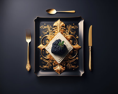 Cake served on a  golden stylish fancy plate. Dessert sweet food. Ai generative imageの素材
