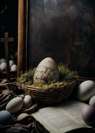 Easter egg in the basket with blank space in background. Copy space, add text. Ai generative illustrationの素材