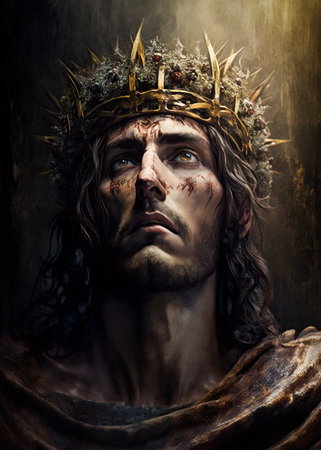 Jesus Christ wearing crown of thorns portrait. Ai generative illustrationの素材