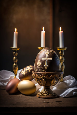 Ornate Easter egg with candles burning in background. Vintage, medieval concept. Happy Easter. Ai generative illustrationの素材