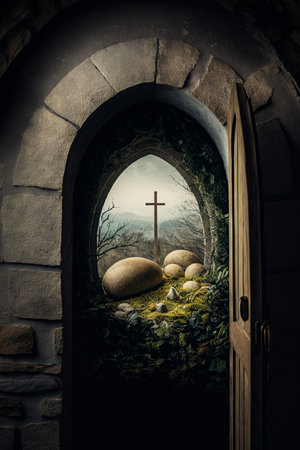 Medieval doorway with easter eggs and croos outside. Ai generative illustrationの素材