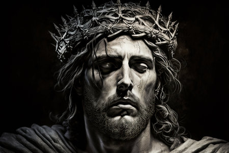 Jesus Christ wearing crown of thorns portrait. Crucifixion of Jesus the son of God. Generative Ai illustrationの素材