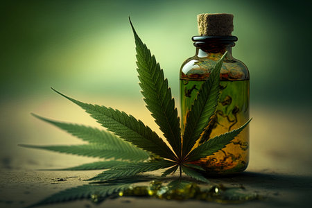 Cannabis CBD oil extracts in a bottle. Marijuana leaves. Medical marijuana health concept. Ai generative illustrationの素材