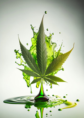 Cannabis leaf with cbd oil dripping from it. Medical marijuana health concept. White background. Ai generative illustrationの素材