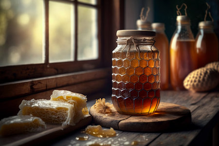 Jar of Honey in the rustic kitchen. Ai generative illustrationの素材