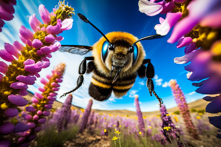 Bee flying in the meadow full of colorful flowers. Macro shot. High details. Ai generative illustrationの素材