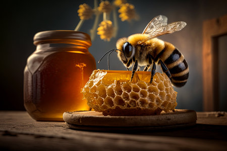 Bee eating honey from honeycomb in the kitchen with jar of honey in the background. Ai generative illustrationの素材