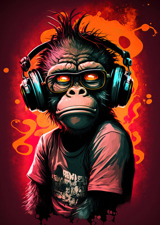 Monkey with headphones listening to music Generative Ai illustrationの素材