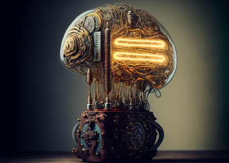 Artificial intelligence. Human brain machine in steampunk style. AI generative illustrationの素材