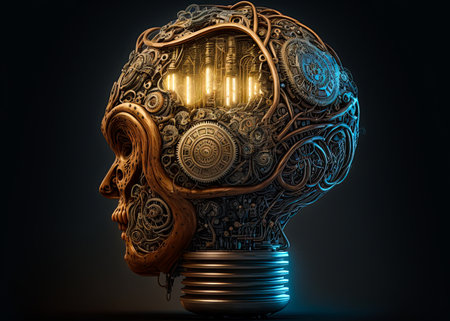 Artificial intelligence. Human head and brain machine mechanism. Steampunk style. AI generative illustrationの素材