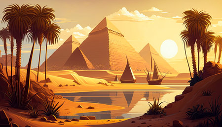 Ancient Egypt with pyramids and architecture in the river Nile valley. Desert landscape at sunset. Generative Ai illustrationの素材