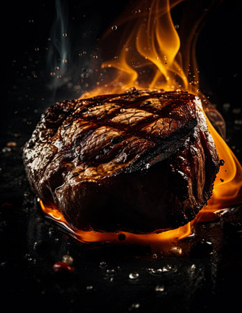 Steak grilled on barbecue surrounded by flames and smoke. Ai generativeの素材